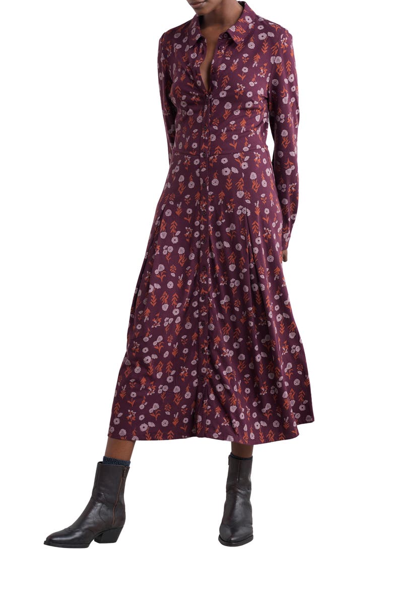 Coastline Print Long Sleeve Organic Cototn Blend Midi Shirtdress