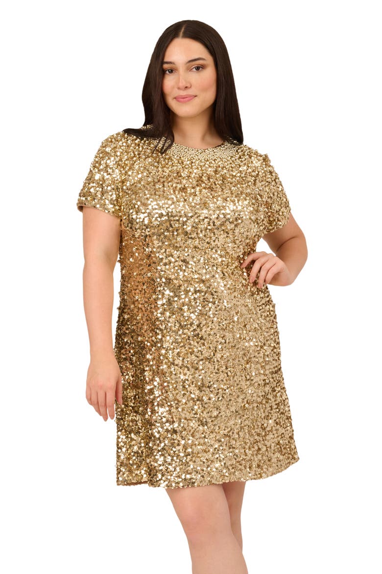 Beaded Short Sleeve Shift Cocktail Dress