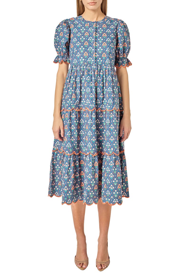 Ditsy Floral Scallop Trim Tiered Midi Dress