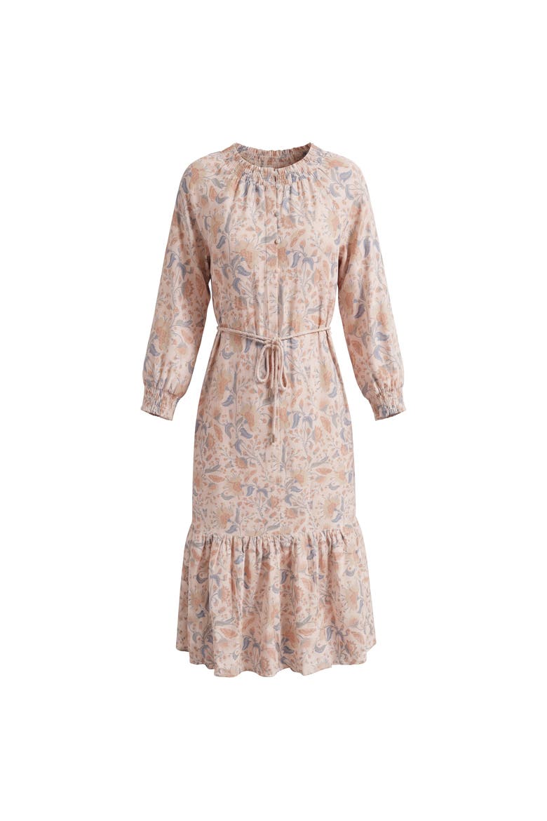Floral Smocked Mock Neck Belted Tiered Dress