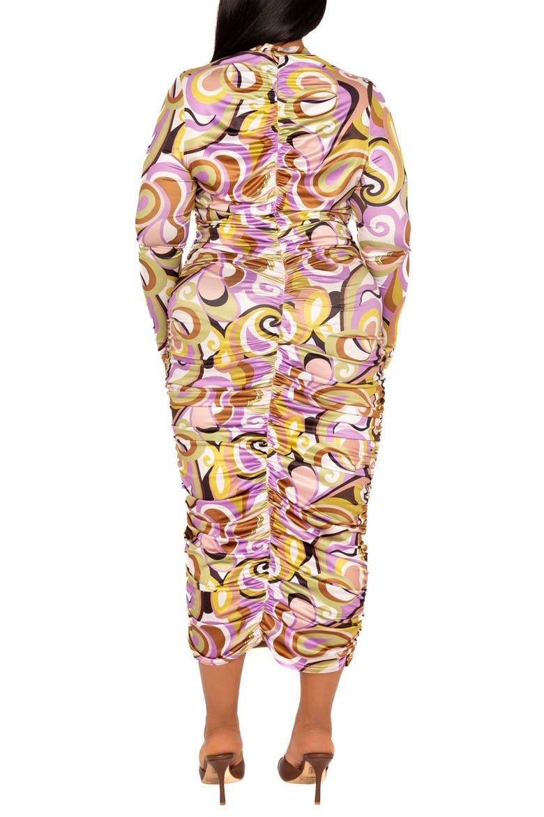 Print Ruched Long Sleeve Midi Body-Con Dress