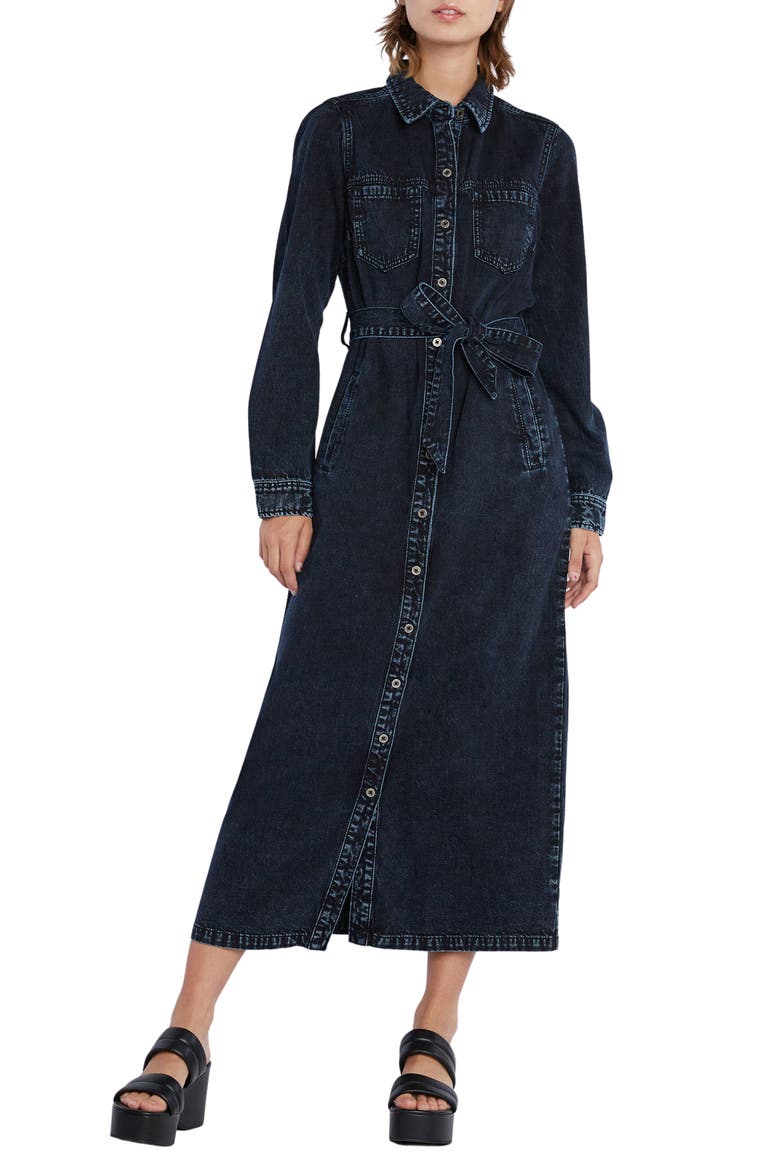 Tie Waist Long Sleeve Denim Maxi Shirtdress