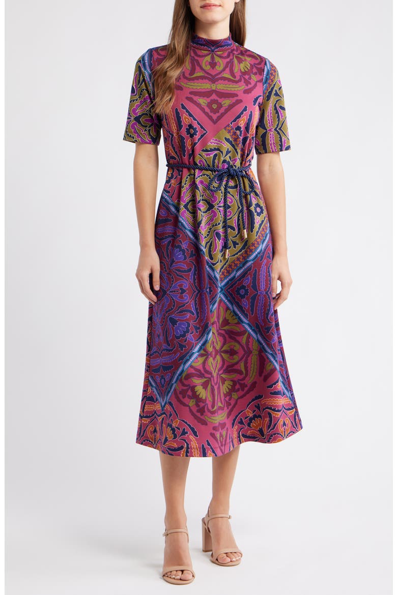 Print Tie Belt Midi Dress