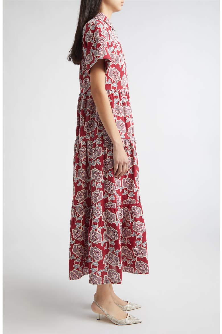Floral Embroidered Tiered Cotton Blend Midi Shirtdress