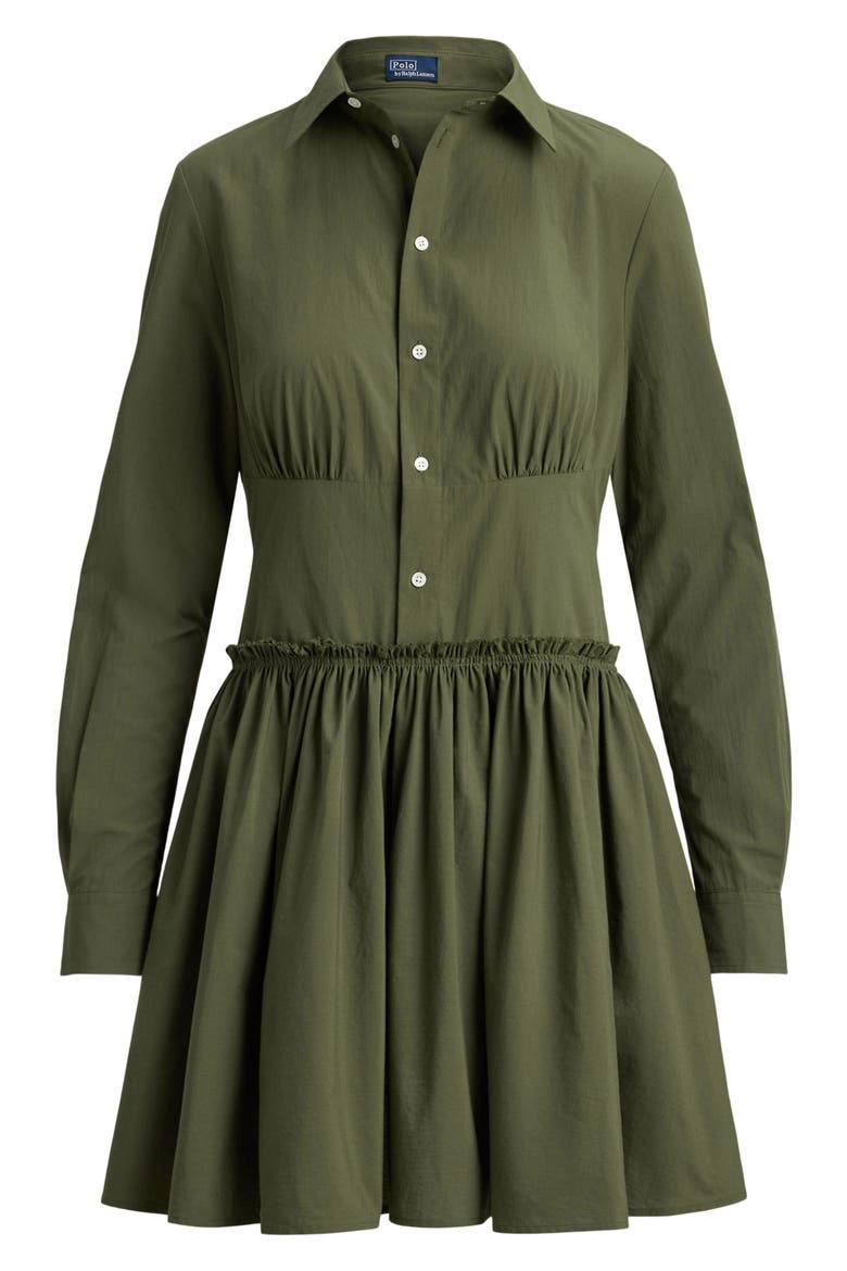 Paneled Shirred Cotton Canvas Mini Shirtdress