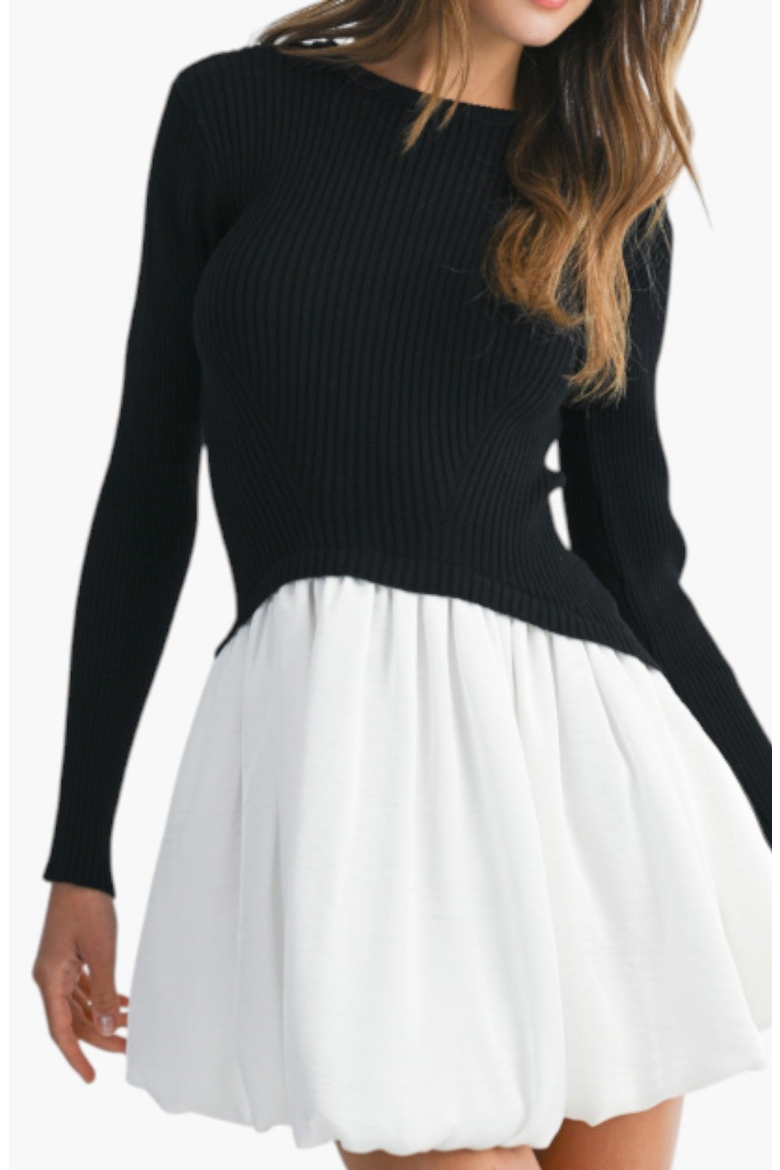 Knit and Woven Fit-and-Flare Mini Dress with Ribbed Long Sleeve Top