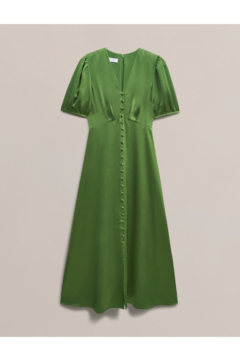 Button Front Puff Sleeve Midi Dress