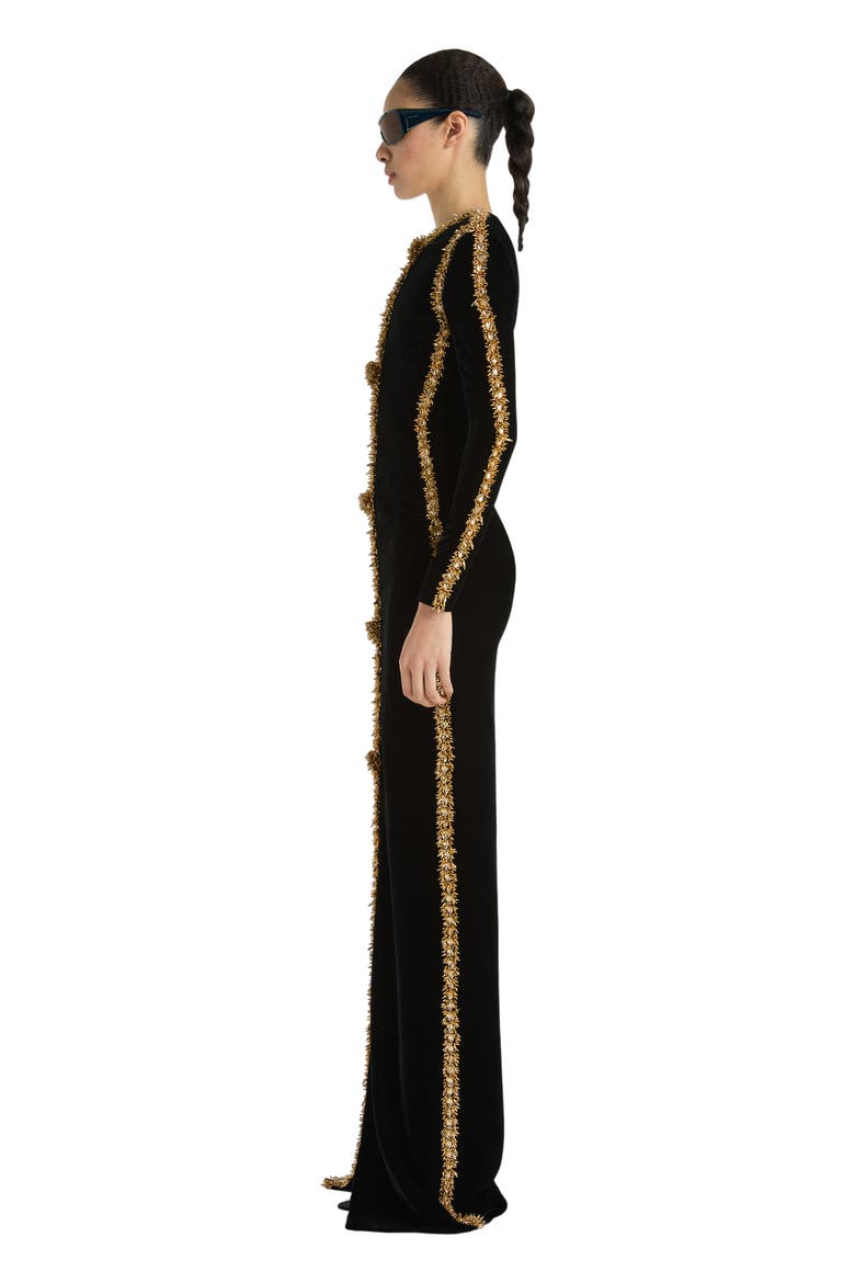 Long Velvet Dress with Embroidered Trim