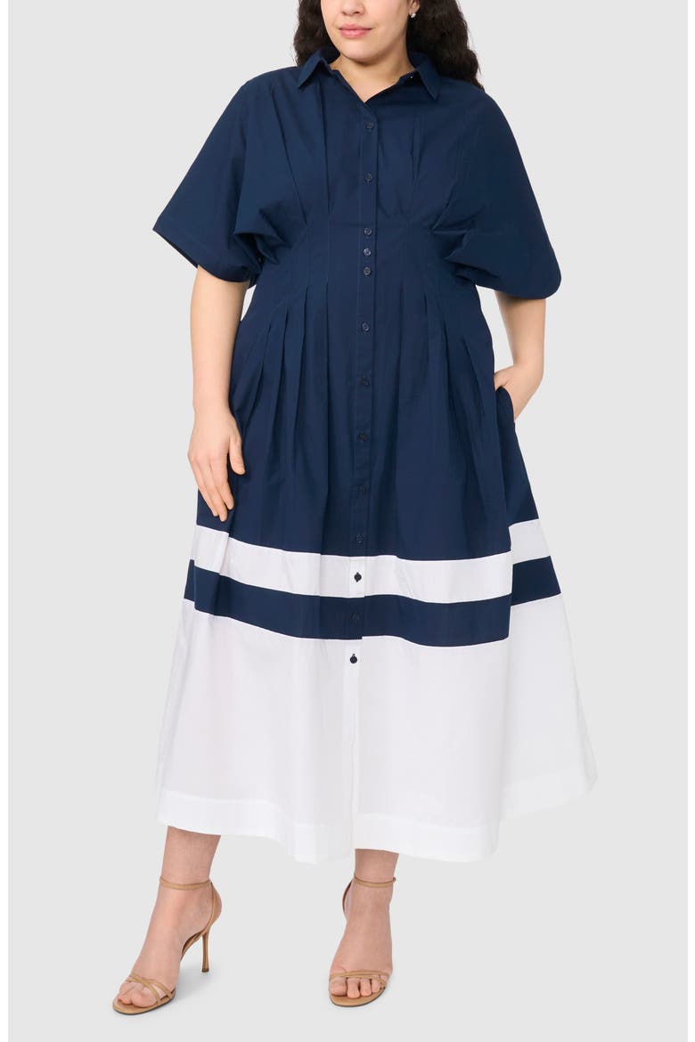 Pleated Combo Hem Cotton Maxi Shirtdress