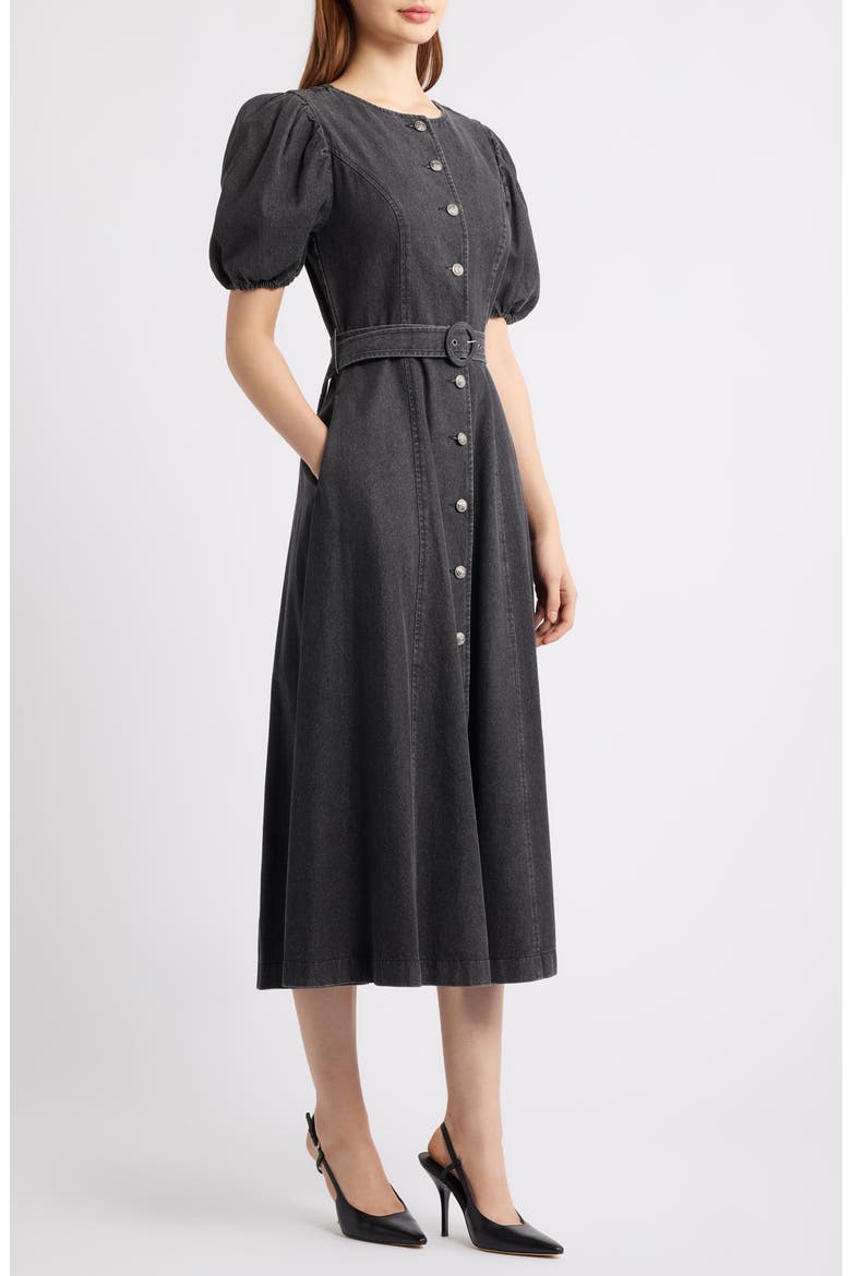 Puff Sleeve Belted Cotton Blend Denim Shirtdress