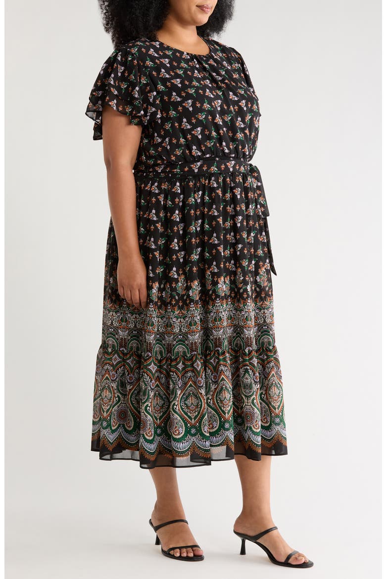 Floral & Paisley Mixe Print Flutter Sleeve Dress