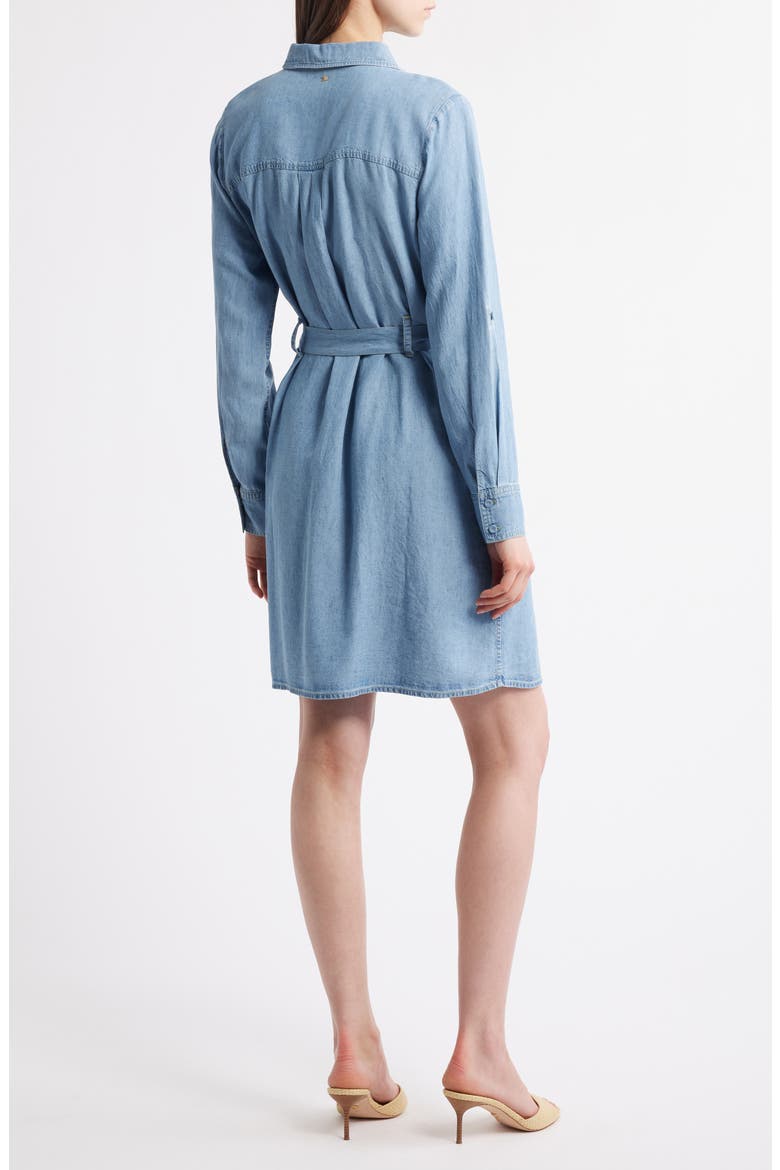 Tie Waist Button Front Long Sleeve Chambray Dress
