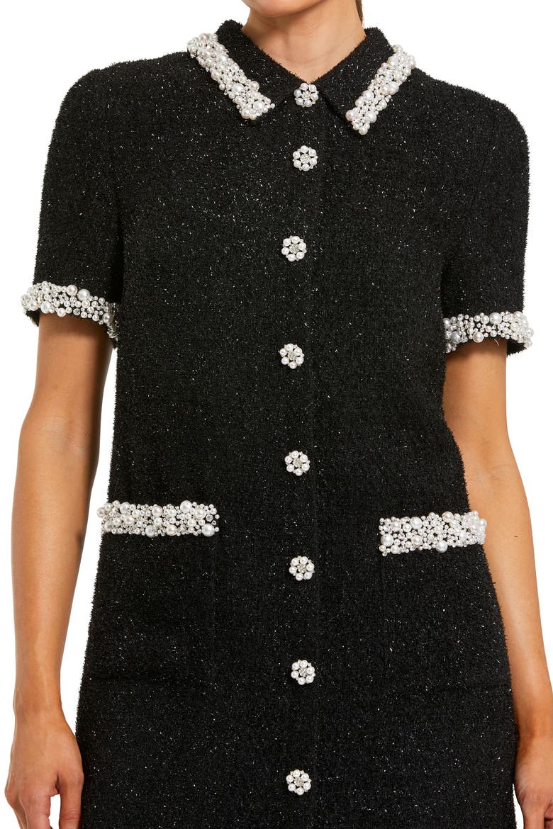 Pearl Embellished Boucle Short Sleeve Mini Dress