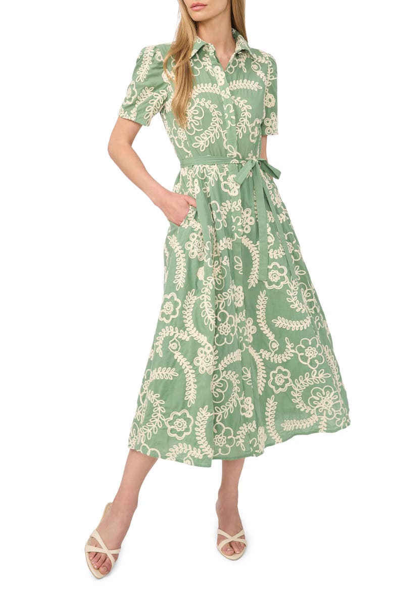 Camile Embroidered Tie Waist Midi Shirtdress