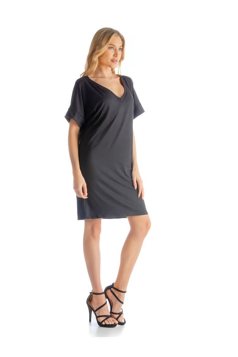 Solid Color Loose Fit V-Neck T Shirt Style Knee Length Dress