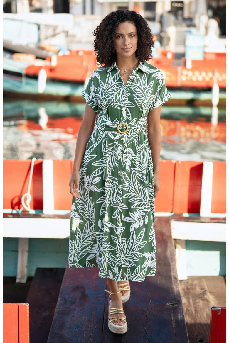 Leaf Print Midi Shirt Dress