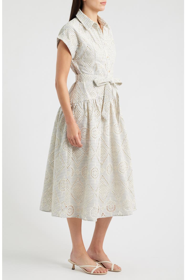 Stripe Eyelet Tie Waist Midi Dress