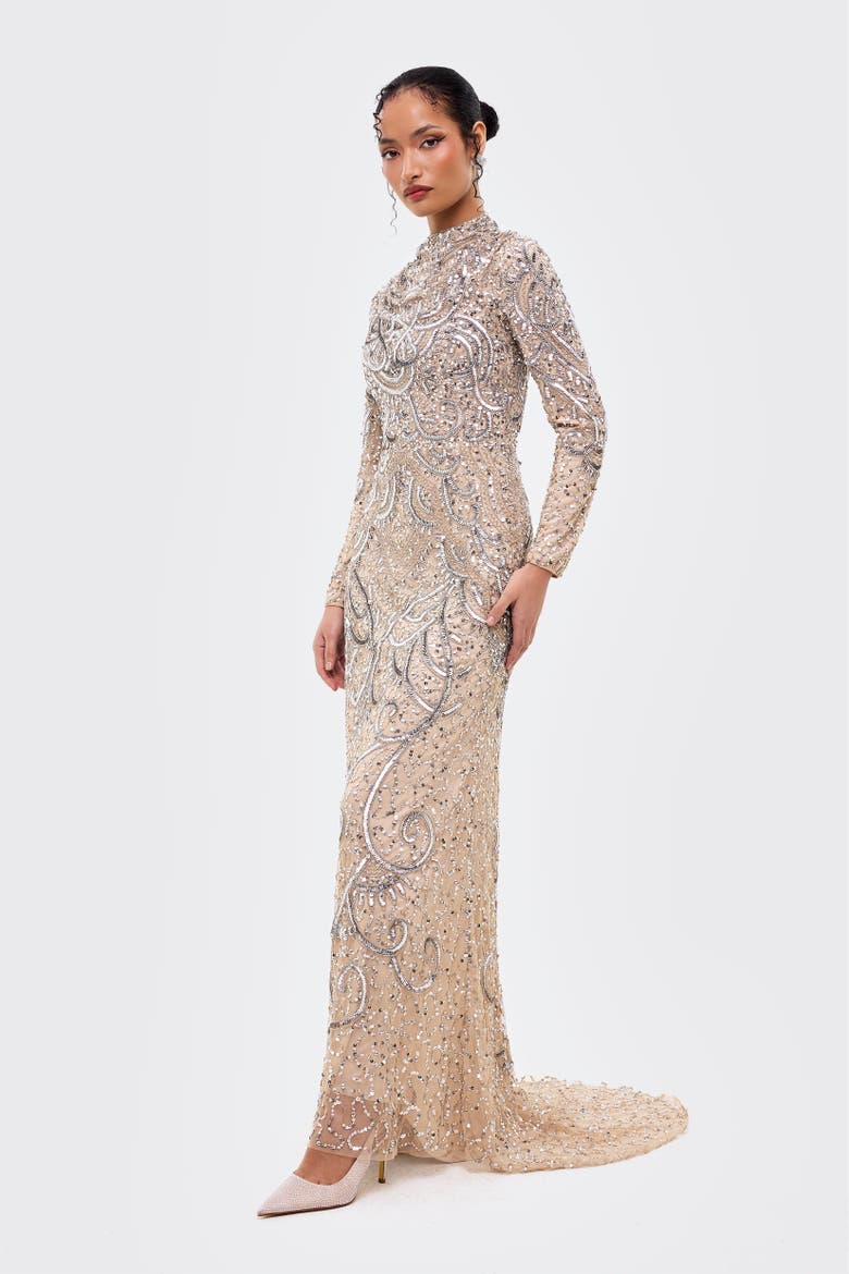 Modest Cowl Embellished Sequins Maxi Dress