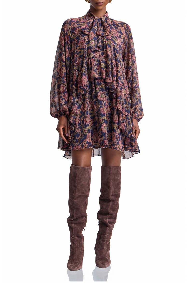 Paisley Print Long Sleeve Chiffon Tie Neck Dress