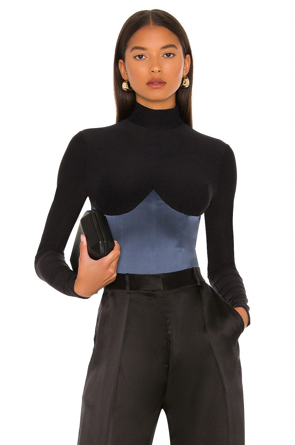 Mock Neck Long Sleeve Bodysuit in Black & Deep Slate - Image 1