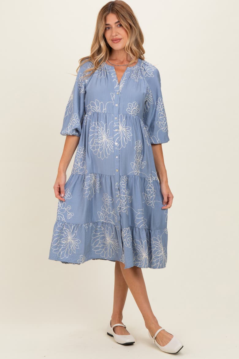Embroidered Tiered Midi Shirt Dress