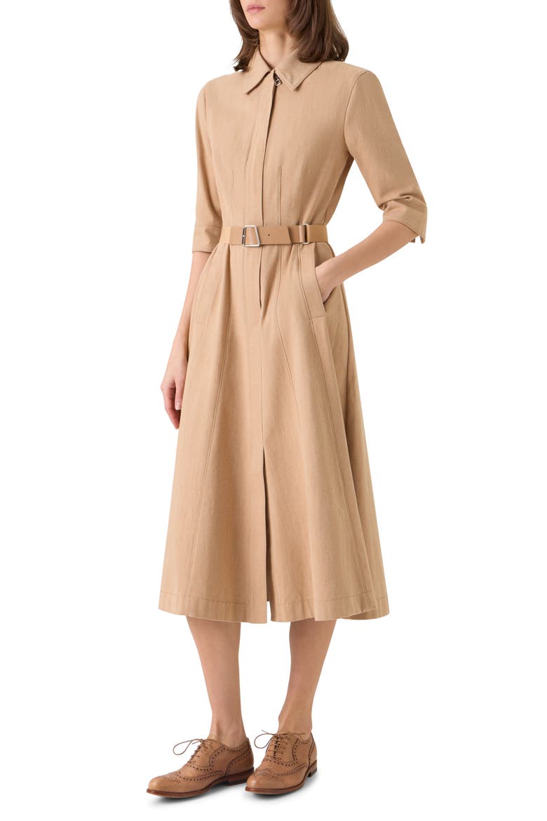 Belted Stretch Denim Midi Dress