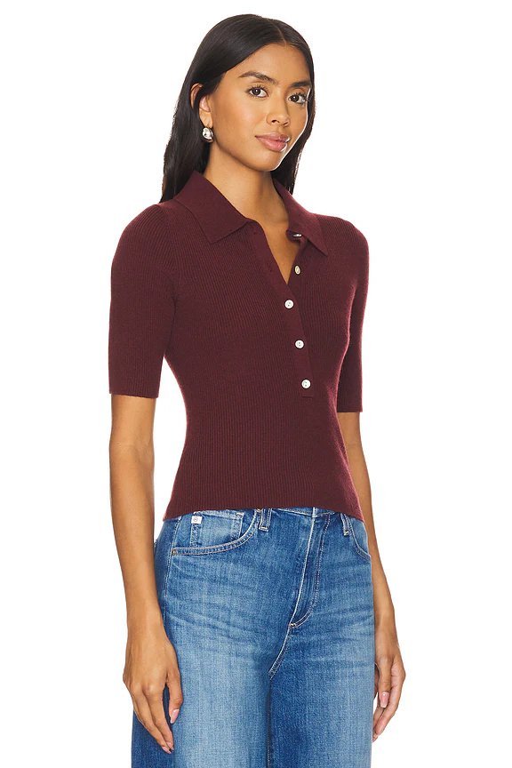 525 America Ginny Short Sleeve Johnny Collar Top in Oxblood - Image 2