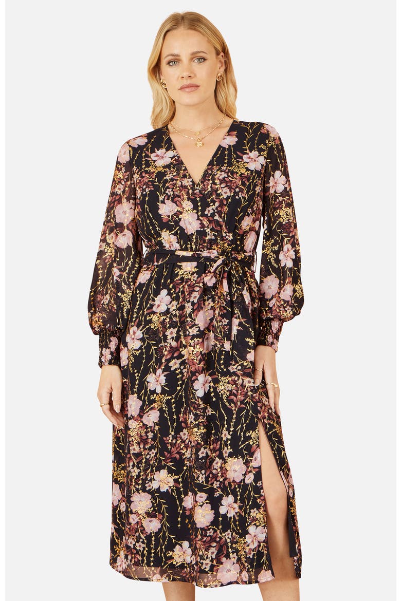 Foiled Floral Print Wrap Midi Dress