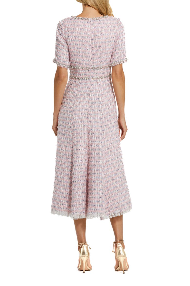 Women's Short Sleeve Beaded Trim Boucle Midi Dress