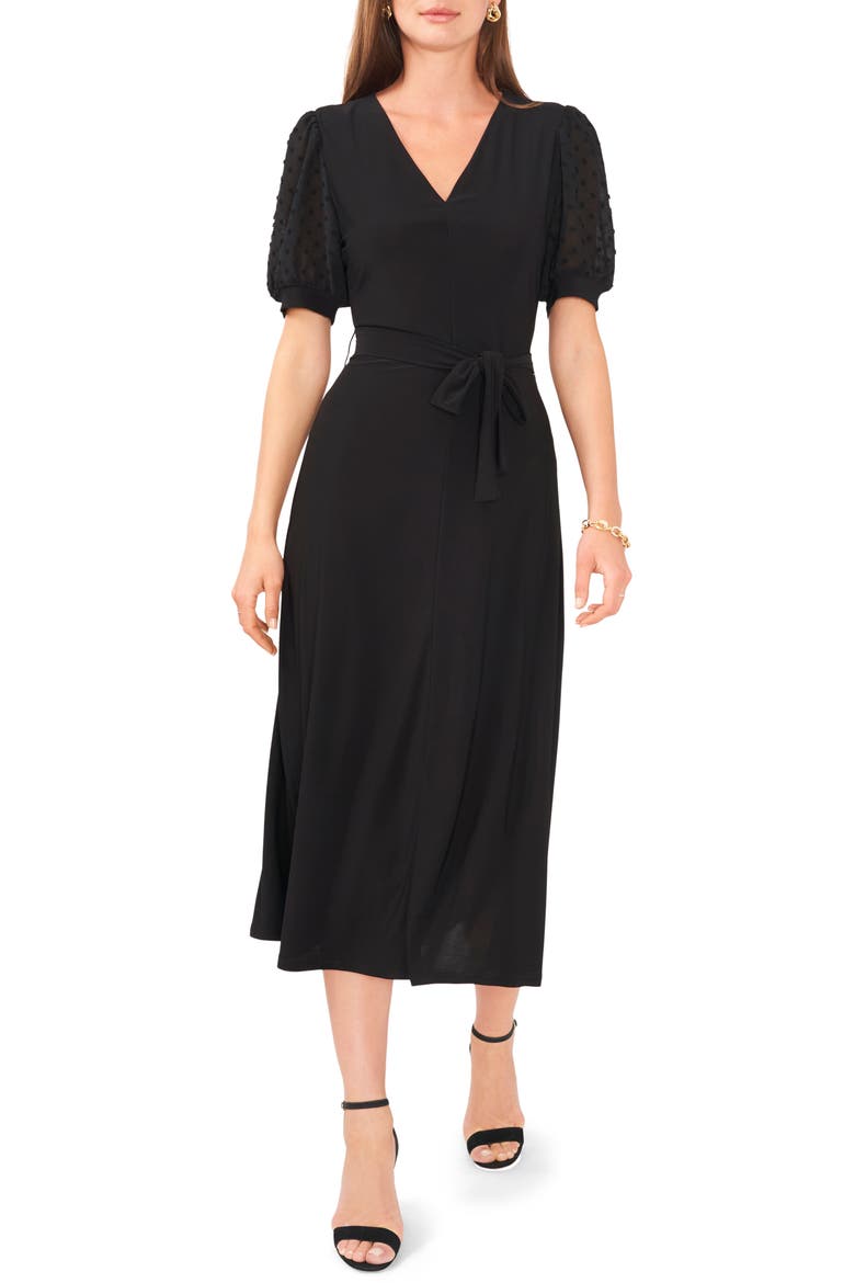 Clip Dot Sleeve Tie Waist Midi Dress