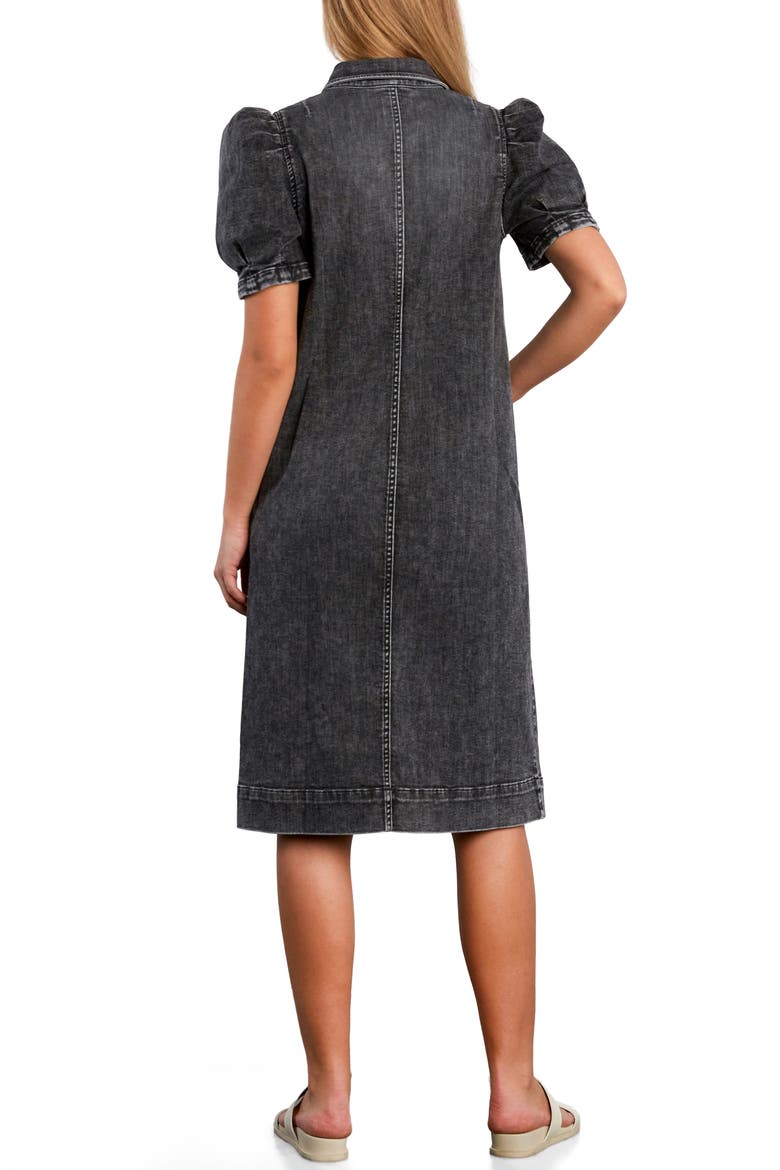 Puff Sleeve Stretch Denim Midi Dress