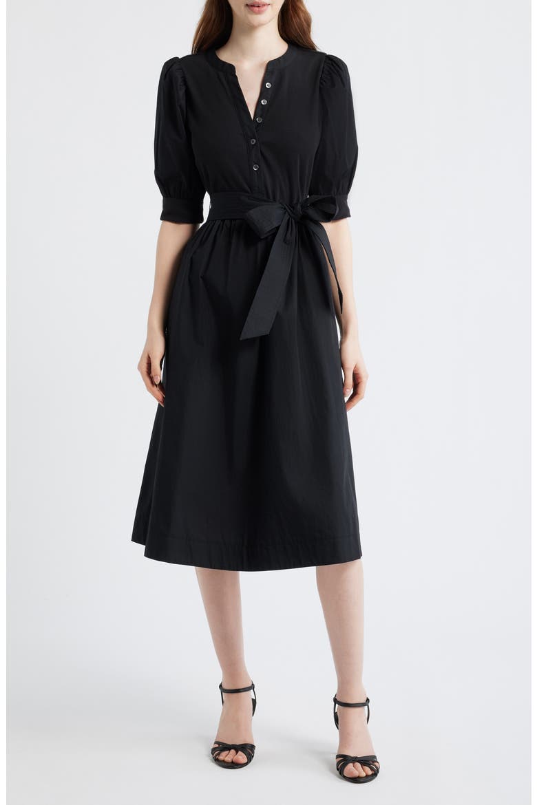 Twofer Mixed Media Belted Midi Dress