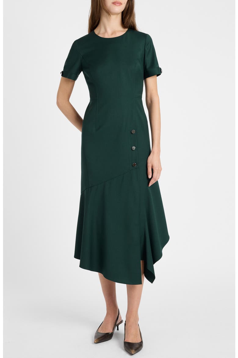 Raine Short Sleeve Hi-Lo Midi Dress in Soft Stretch Twill