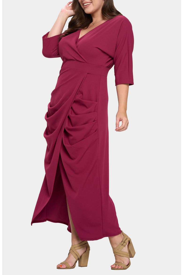 Dolman Elbow Sleeve Stretch Faux Wrap Maxi Dress