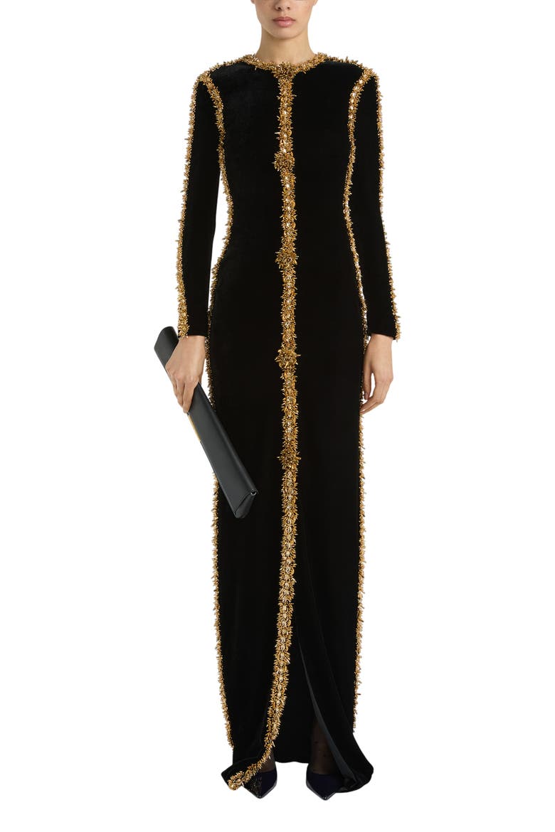 Long Velvet Dress with Embroidered Trim