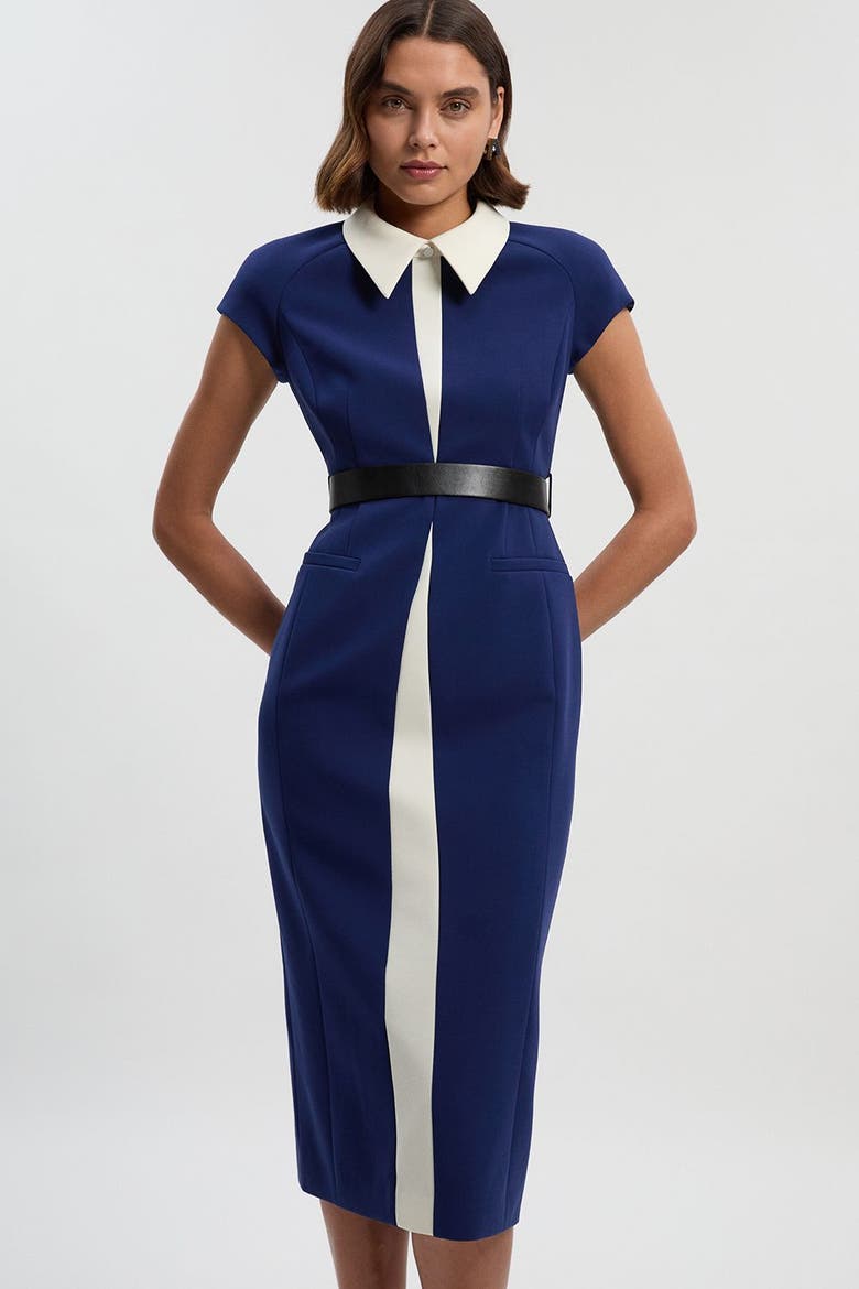 Contrast Collar Tailored Midi Dress