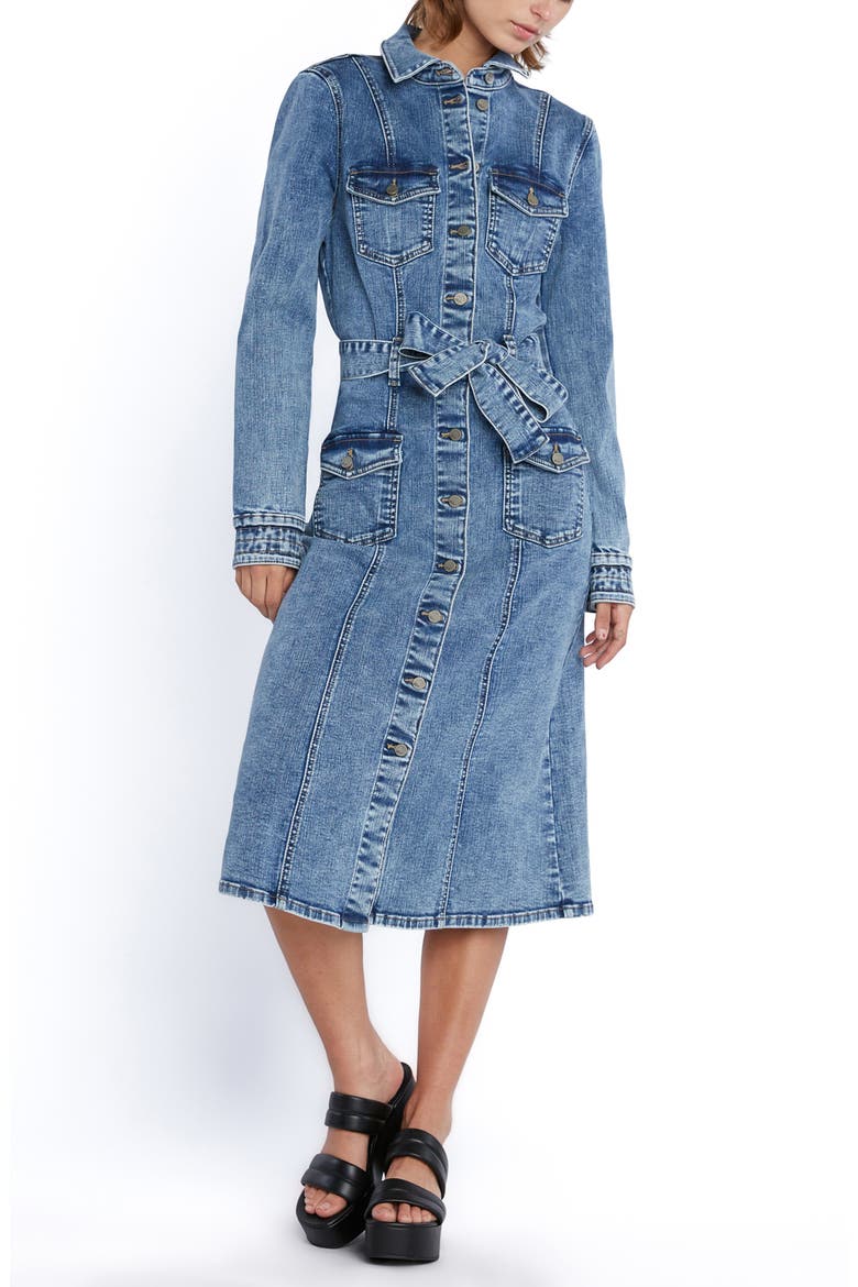 Tie Waist Long Sleeve Cargo Denim Midi Shirtdress