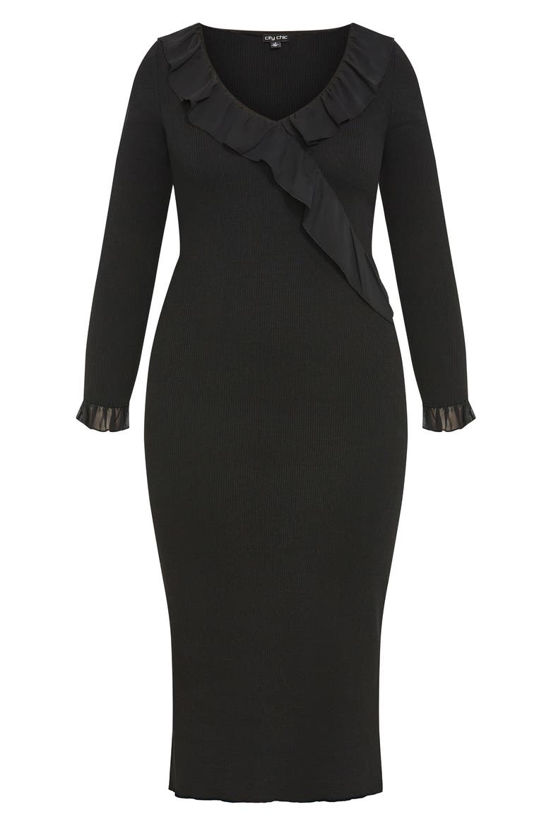 Auralie Ruffle Detail Long Sleeve Rib Sweater Dress
