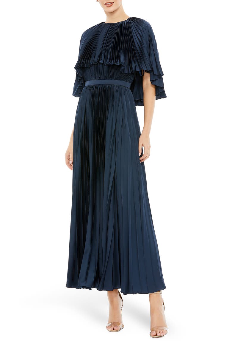 Pleated Capelet Tea-Length Dress