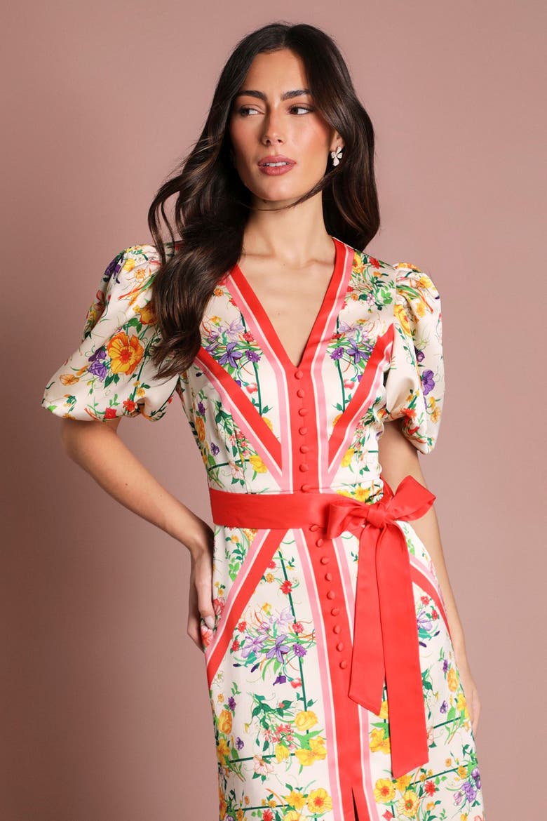 Satin Scarf Print V-Neck Midi Dress