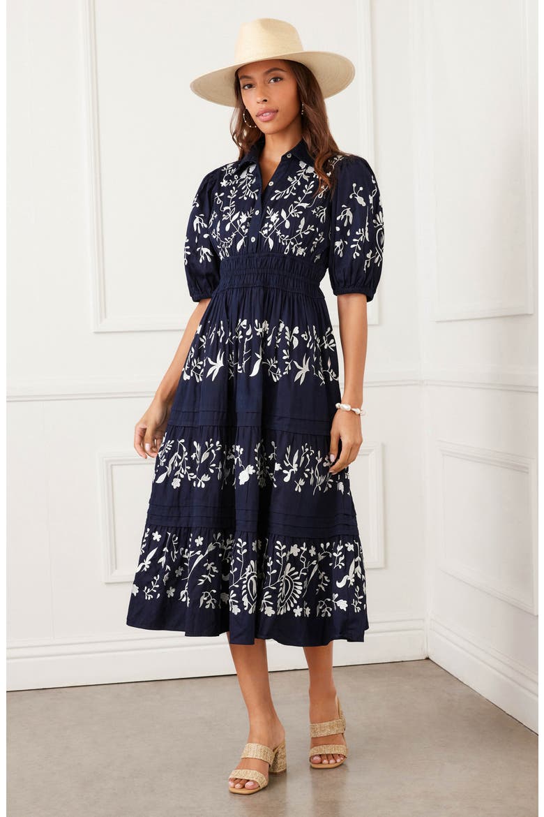 Embroidered Puff Sleeve Tiered Midi Dress