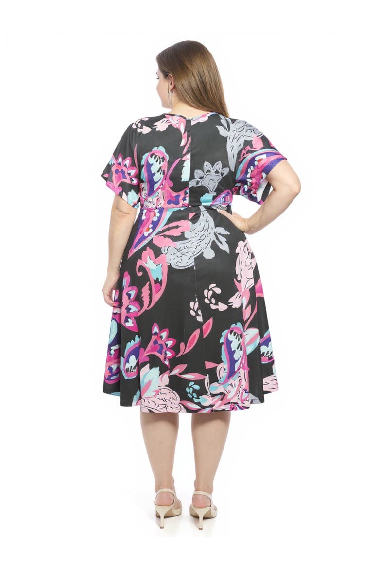 Plus Size Paisley V-Neck Dolman Sleeve Twist Front A-Line Midi Dress