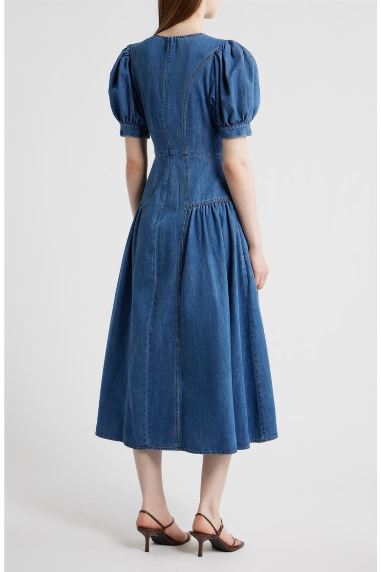 Cotton Blend Puff Sleeve Denim Midi Dress