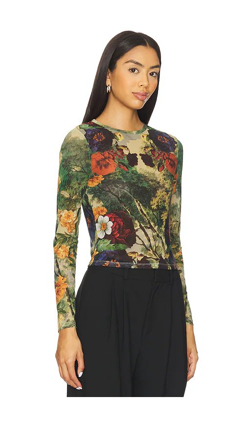 Alice + Olivia Delaina Printed Mesh Long Sleeve Crop Top in Forbidden Forest - Image 2