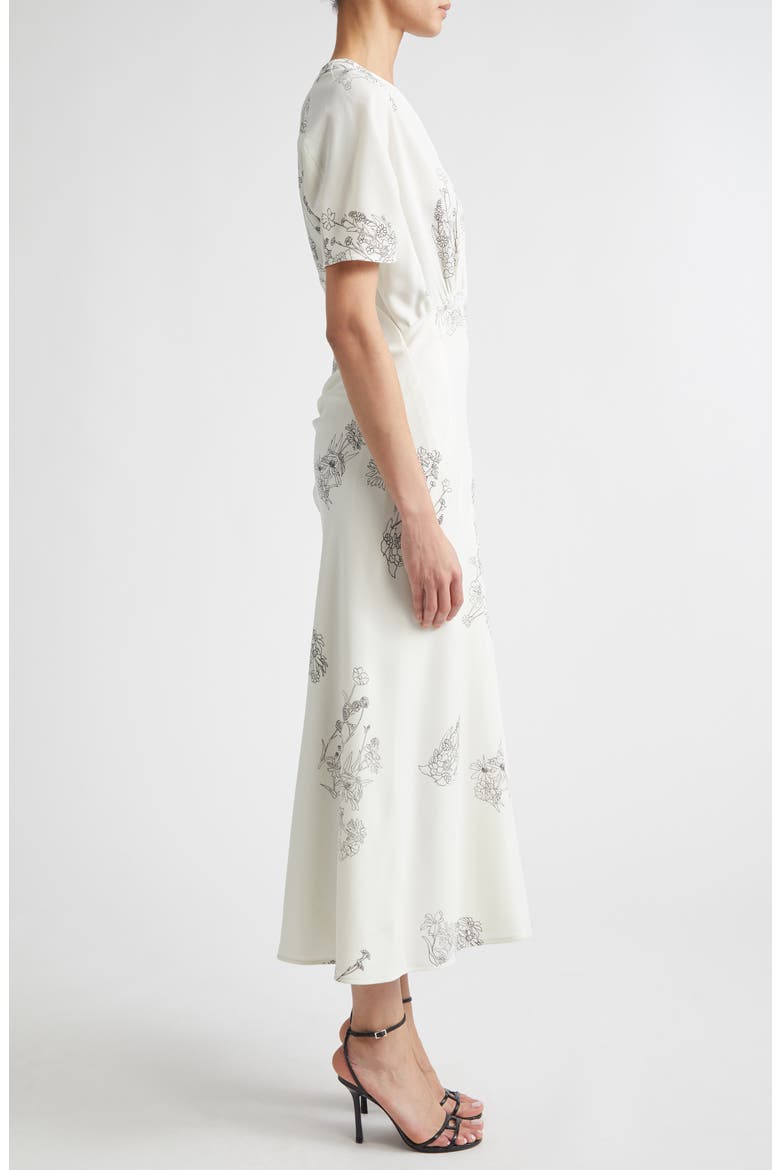 Gathered Detail Floral Stretch Cady Midi Dress
