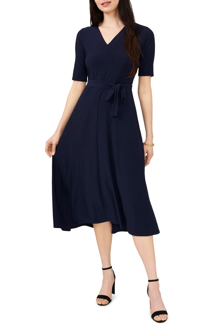 V-Neck Belted Midi Dress