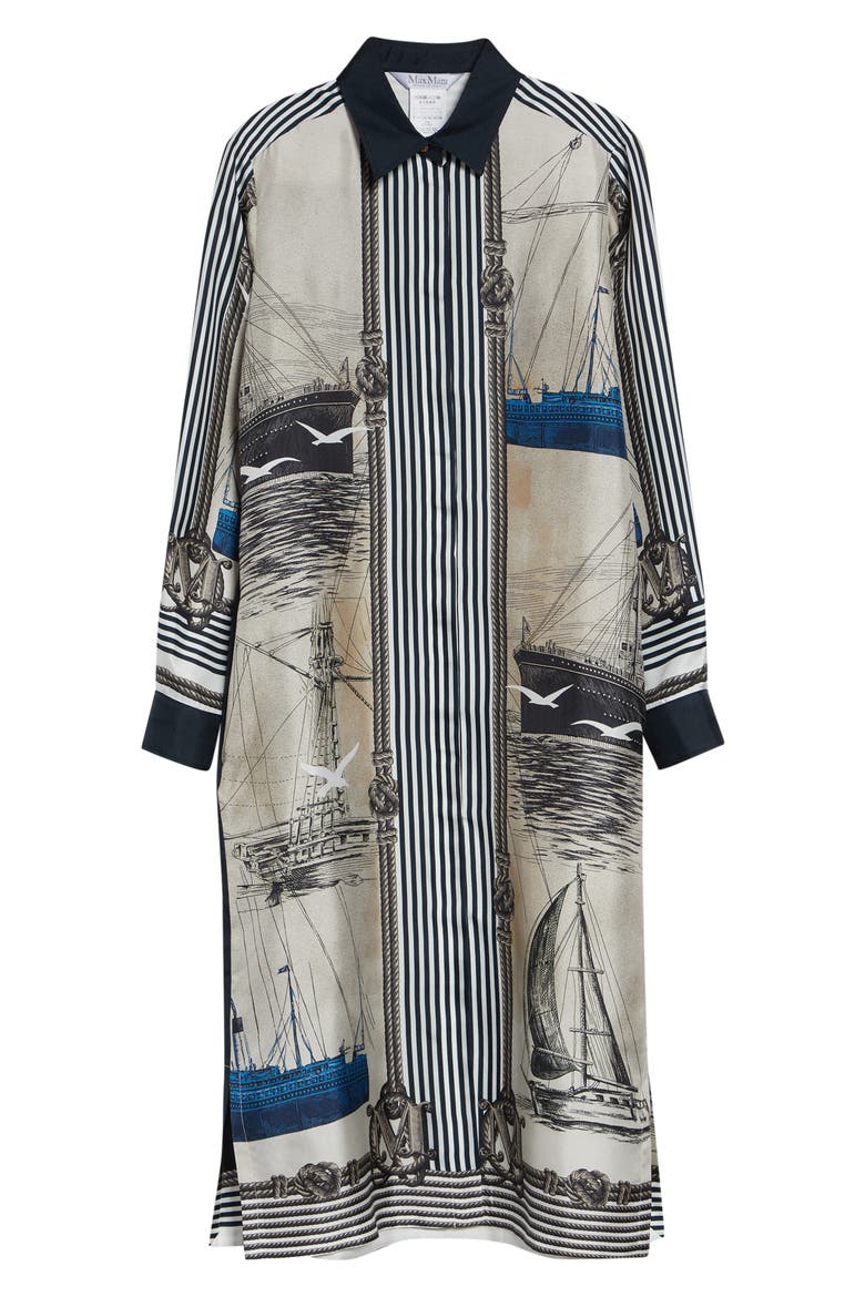Mariner Print Long Sleeve Silk Midi Shirtdress