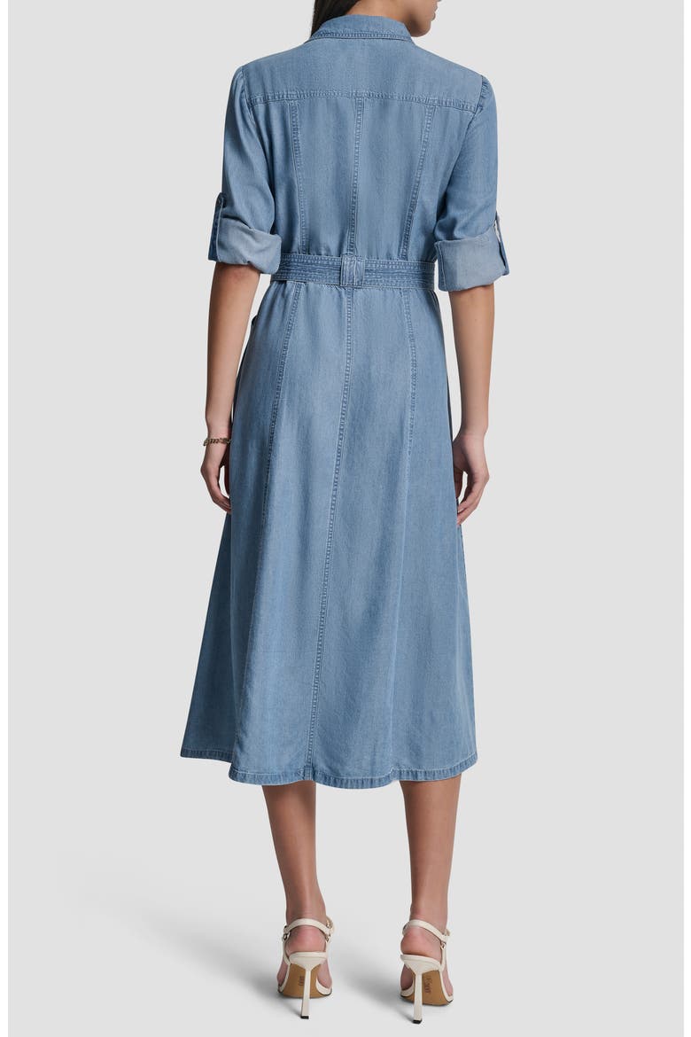 Tie Waist Roll Tab Chambray Midi Shirtdress