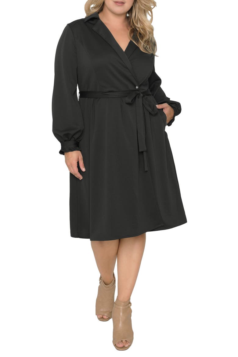 Notched Lapel Long Sleeve Crepe Wrap Dress