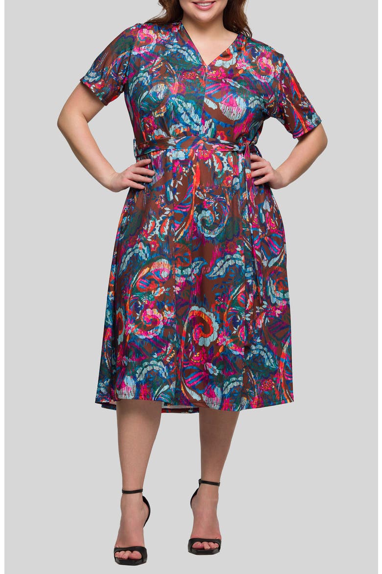 Abstract Floral Tie Waist Knit Midi Dress